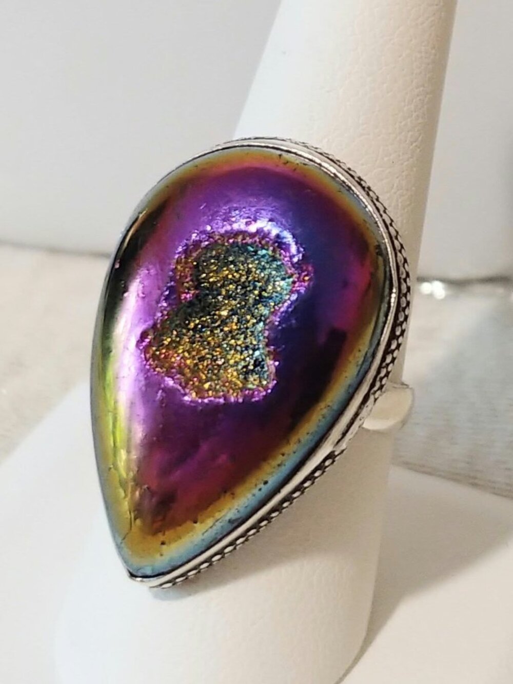 NWOT Rainbow Titanium Druzy Quartz Ring .925 Sterling Overlay